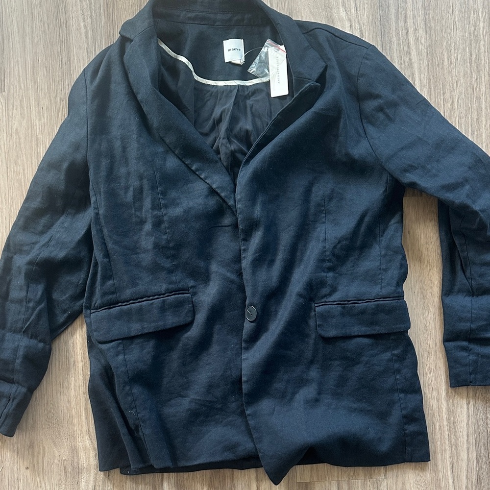 Maeve Navy Linen Single-Button Blazer
